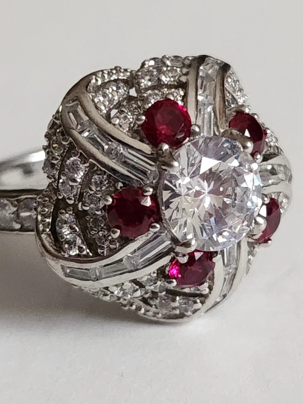Jean Dousset JD Ruby Colored CZ Cocktail Ring 925 Sterling Silver Size 6